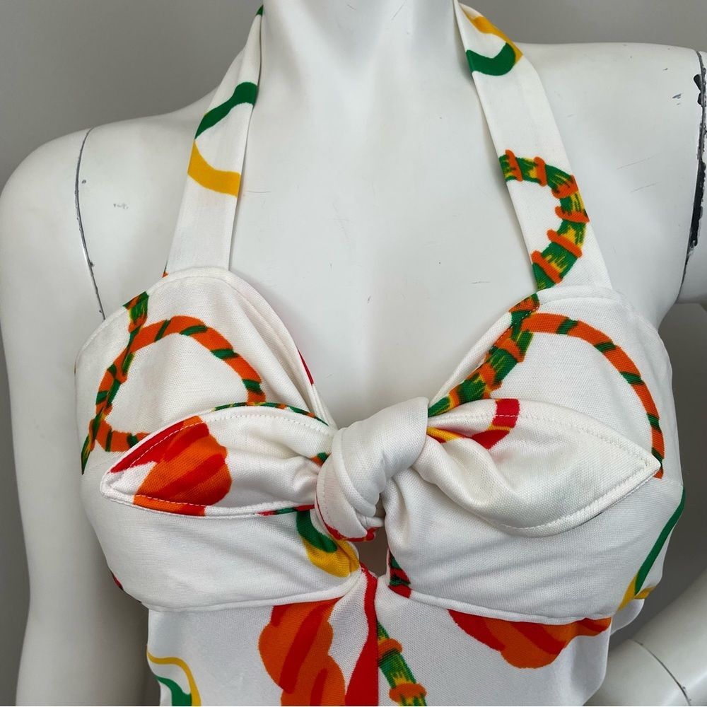 VINTAGE 1960s 70s Knot Tie Front Halter Neck White Ring Print Maxi Dress - Picture 9 of 12